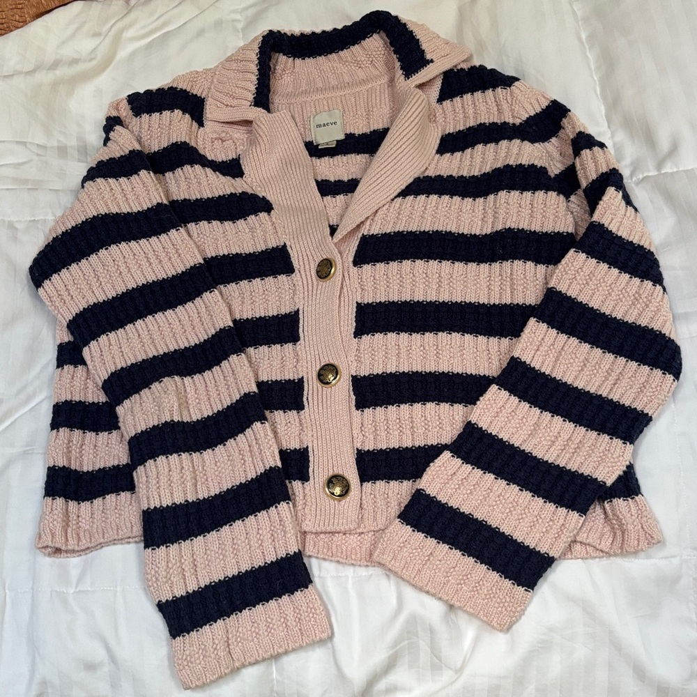 Anthropologie Maeve, gorgeous pink, and navy cardigan